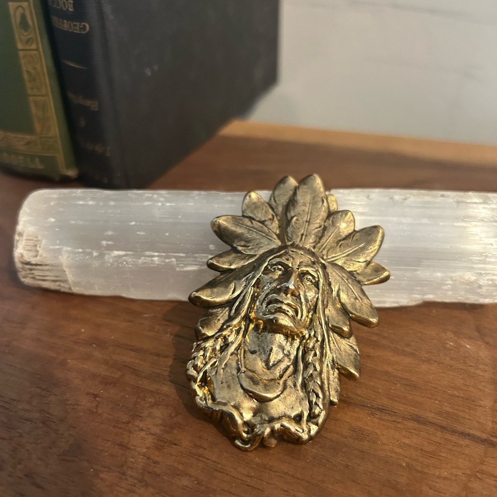 Native American Indian Chieftain Gold Tone Metal Brooch Pin 3”